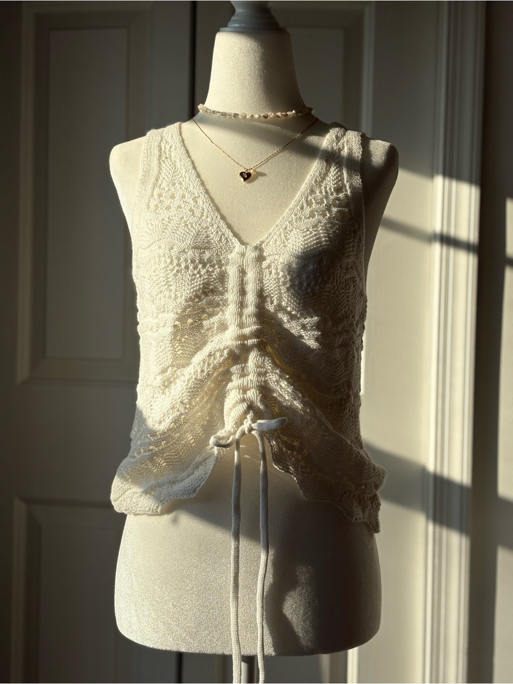 Jessica Simpson Cream Knit V-Neck Drawstring Tank Top